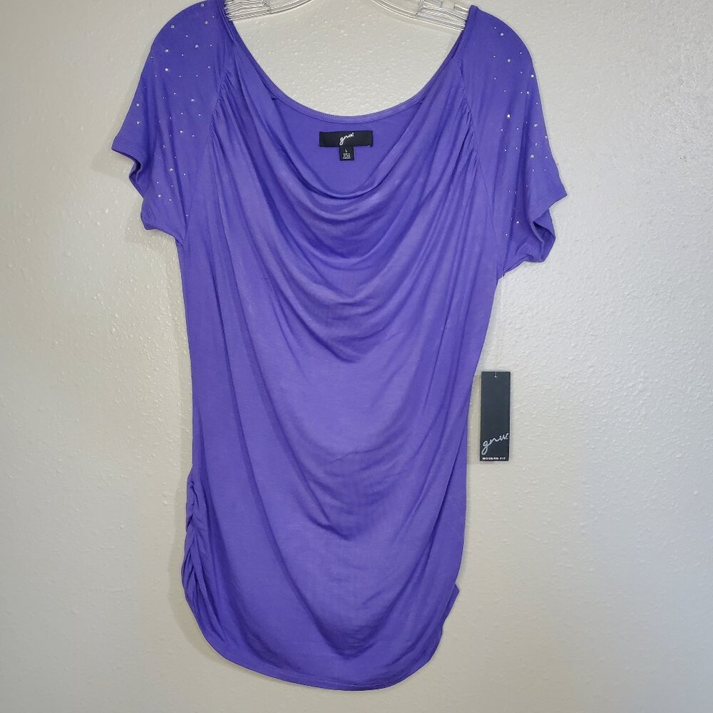 GNW Cowl Neck Purple Embellishment Ruched Top NWT